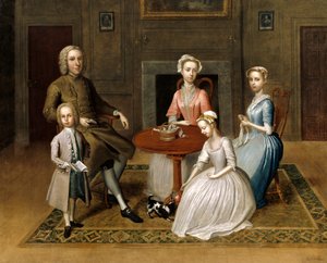Gruppporträtt, möjligen av familjen Brewster, i inhemsk interiör, 1736
