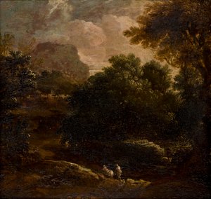 Skogbevuxet landskap med figurer, ca 1789-1847 (olja på panel)