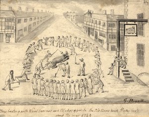 Bear baiting, Manchester, 1819 (penna och bläck och tvätt på papper)