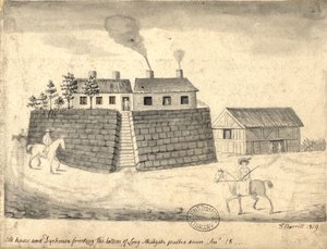 Old Dye House and Dye House, Manchester, 1819 (penna och bläck och tvätta på papper)