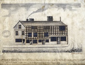Old House on Hanging Ditch, Manchester, 1819 (penna och bläck och tvätt på papper)