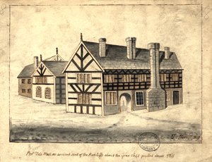 Pool Fold Hall, Manchester, 1819 (penna och bläck och tvätt på papper)