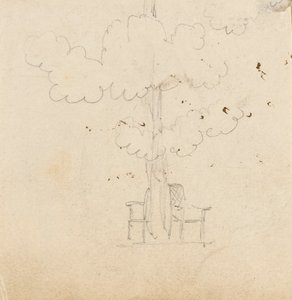 Studie av ett träd med två stolar på var sin sida om stammen av Thomas Baxter