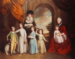 A Group Portrait of the Craven Children, fullängds, före en båge med ett landskap bortom, 1776