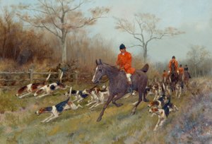 Jägare och hundar i ett skogigt landskap