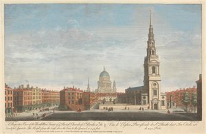 En perspektivvy av nordvästra fronten av ye Parish Church of St. Brides, med den vackra Spire & c. Höjden från korset ovanför det fåfänga till marken är 242 fot