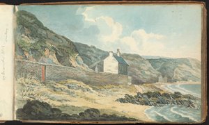 Album med landskaps- och figurteckningar: Hus på en stenig strandlinje
