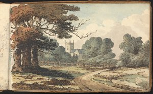 Album med landskaps- och figurstudier: lantlig scen med kyrka