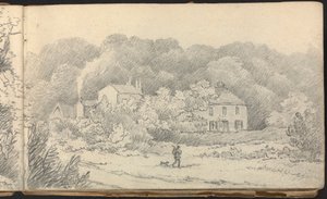 Album med landskaps- och figurstudier: Lantlig scen med hus och en jägare och hans hund av Thomas Bradshaw