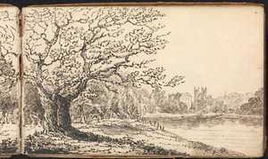Album med landskaps- och figurstudier: Träd längs en flod med byggnader i fjärran av Thomas Bradshaw