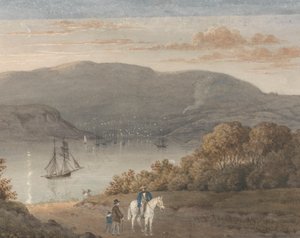 Port Louis från La Petite Montagne (Twilight) med en ryttare och figurer i förgrunden