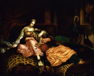 Interiörscen med sultan och konkubin.