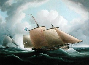 En fransk segelbåt förföljd av en engelsk kutter (olja på duk) av Thomas Buttersworth