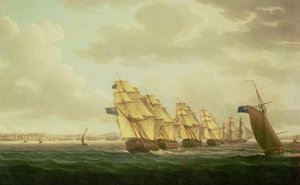 Nelson på "Theseus" med Inshore Squadron utanför Cadiz, juli 1797, av Thomas Buttersworth