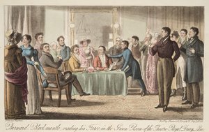 Bernard Blackmantle läser sin fars i Green Room på Covent Garden Theatre, från The English Spy, pub. 1824 (handfärgad gravyr)