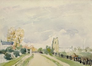 Suffolk Landskap, en bred väg med ett litet hus, en kyrka och träd