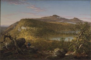 Utsikt över de två sjöarna och Mountain House, Catskillbergen, morgon av Thomas Cole