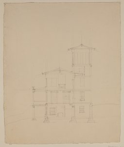 Ritning av den föreslagna villan i Catskill, ca 1801-48 (grafitpenna på benvitt vävt papper) av Thomas Cole