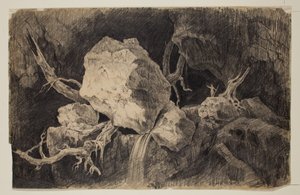 Hunter Standing in Cave near Rock and Waterfall, ca 1828 (grafitpenna) av Thomas Cole