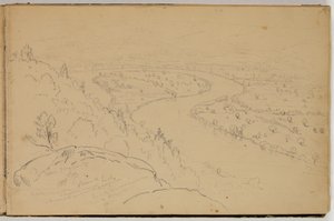 Panorama över Oxbow på Connecticut River sett från Mount Holyoke, ca 1832 (penna på papper) av Thomas Cole