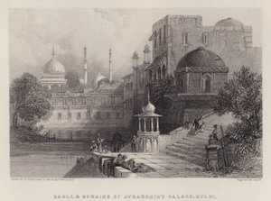 Baoli och resterna av Jehanghirs palats, Delhi (färg litho)