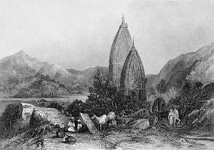 Hindu Temples of Mahadeo i Sivalic Mountains, Indien, graverade av E. Finden, från 