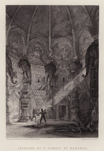 Interiör av ett tempel i Benares (färg litho)