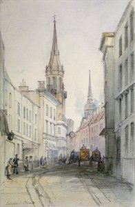 Utsikt längs Lombard Street, österut, med figurer och vagnar, City of London, 1851 av Thomas Colman Dibdin
