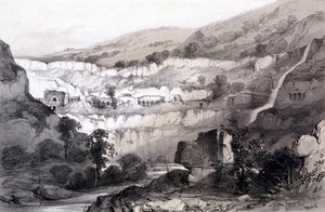 Utsikt över grottorna, Ajunta, Indien, 1844