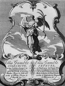 Handelskort av guldsmed Ellis Gamble, 1720-talet, 1827.