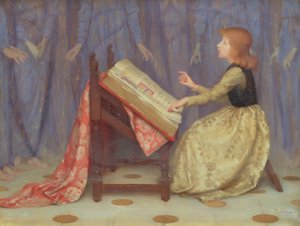 Flicka sitter i en interiör av Thomas Cooper Gotch