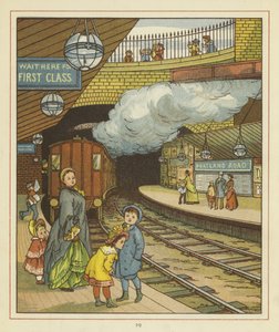 En kvinna som står med en grupp barn på en plattform vid Portland Road järnvägsstation av Thomas Crane