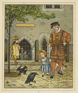 En ung flicka står nervöst bredvid en Yeoman of the Guard av Thomas Crane