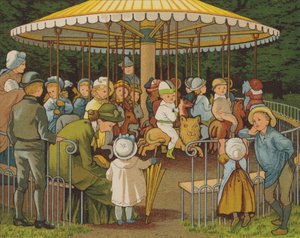Paris: en merry-go-round på Champs Elysees (färg litho)
