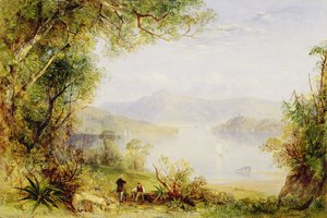 Utsikt över Hudsonfloden, ca 1840-45 (olja på panel)