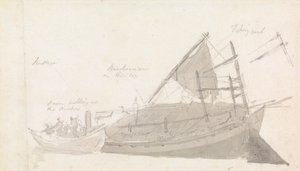 Fiskebåt med liten farkost vid sidan av av Thomas Daniell