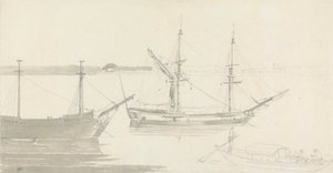 Två förtöjda fartyg och en fiskebåt av Thomas Daniell