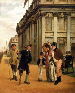 Historien om de boende, framför King Charles Court-byggnaden vid Greenwich Hospital talar en boende med ett träben, klädd i myndighetsuniform, med ett besökande par och deras son, runt dem två andra boende