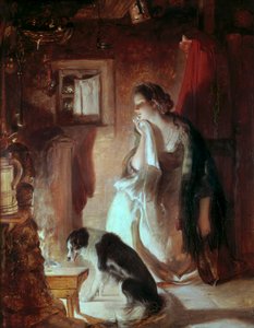Det bedrövade hjärtat, En ung kvinna vid elden, sorgset ansikte på grund av en sorg. Målning av Thomas Duncan (1807-1845) Victoria and Albert museum, London