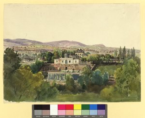 Utsikt från Döbling över Kahlengebirge och friherre Johann von Langs villa (Nußwaldgasse 19 respektive 22) av Thomas Ender