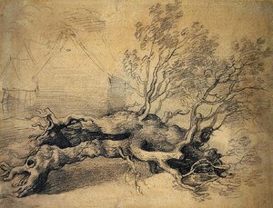 Ett fallen träd med gårdsbyggnader bortom (penna på papper) av Thomas Gainsborough