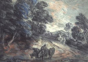 Ett skogslandskap med hästar som dricker (pastell) av Thomas Gainsborough