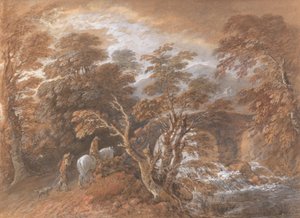 Kuperat landskap med figurer som närmar sig en bro av Thomas Gainsborough