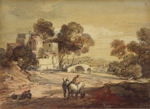 Italienskt landskap med resenärer på en slingrande väg, 1775-1779 av Thomas Gainsborough