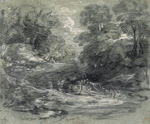 Landskap med bondvagn på ett slingrande spår mellan träd (kol och gouache på papper) av Thomas Gainsborough