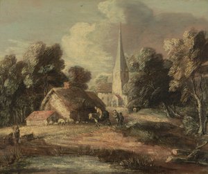 Landskap med stuga och kyrka av Thomas Gainsborough