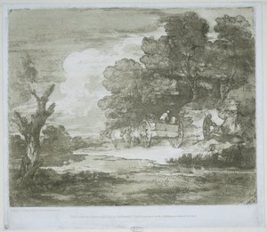 Landskap med en vagn dragen av hästar längs en strandkant och en skogsbryn av Thomas Gainsborough