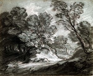 Nr.0975 Skogbevuxet landskap med ett avlägset berg (krita på blått papper) av Thomas Gainsborough