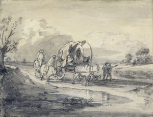 Öppet landskap med herdsman och täckt vagn, ca 1780-85 (grå och svart tvätt och krita på papper) av Thomas Gainsborough