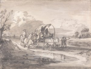 Öppet landskap med ryttare och täckt vagn av Thomas Gainsborough